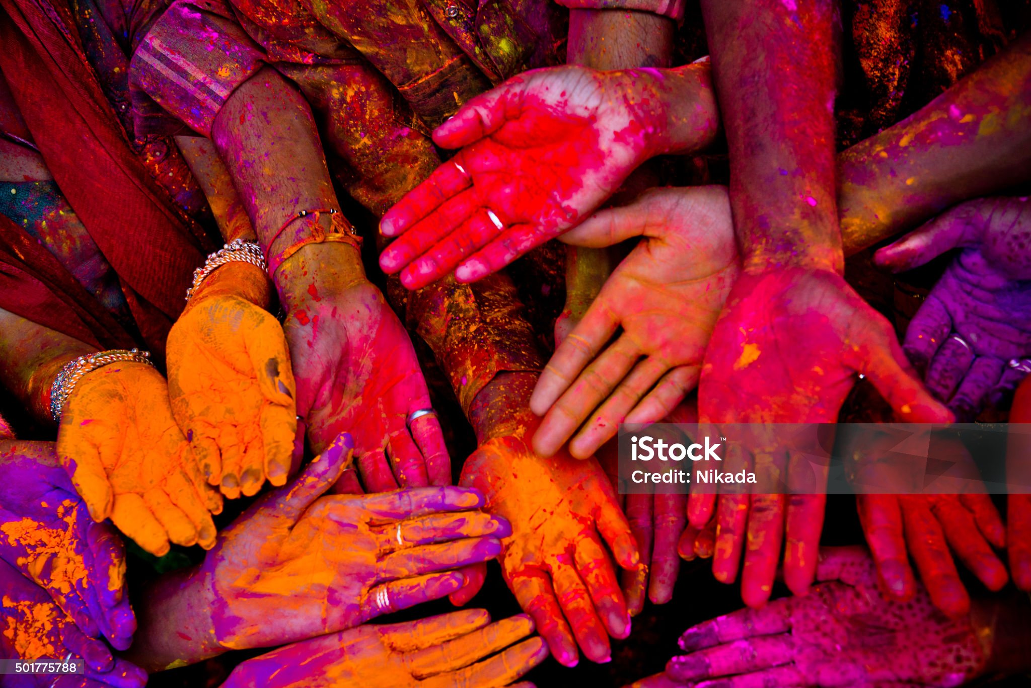 Holi festival in India with colorful hands